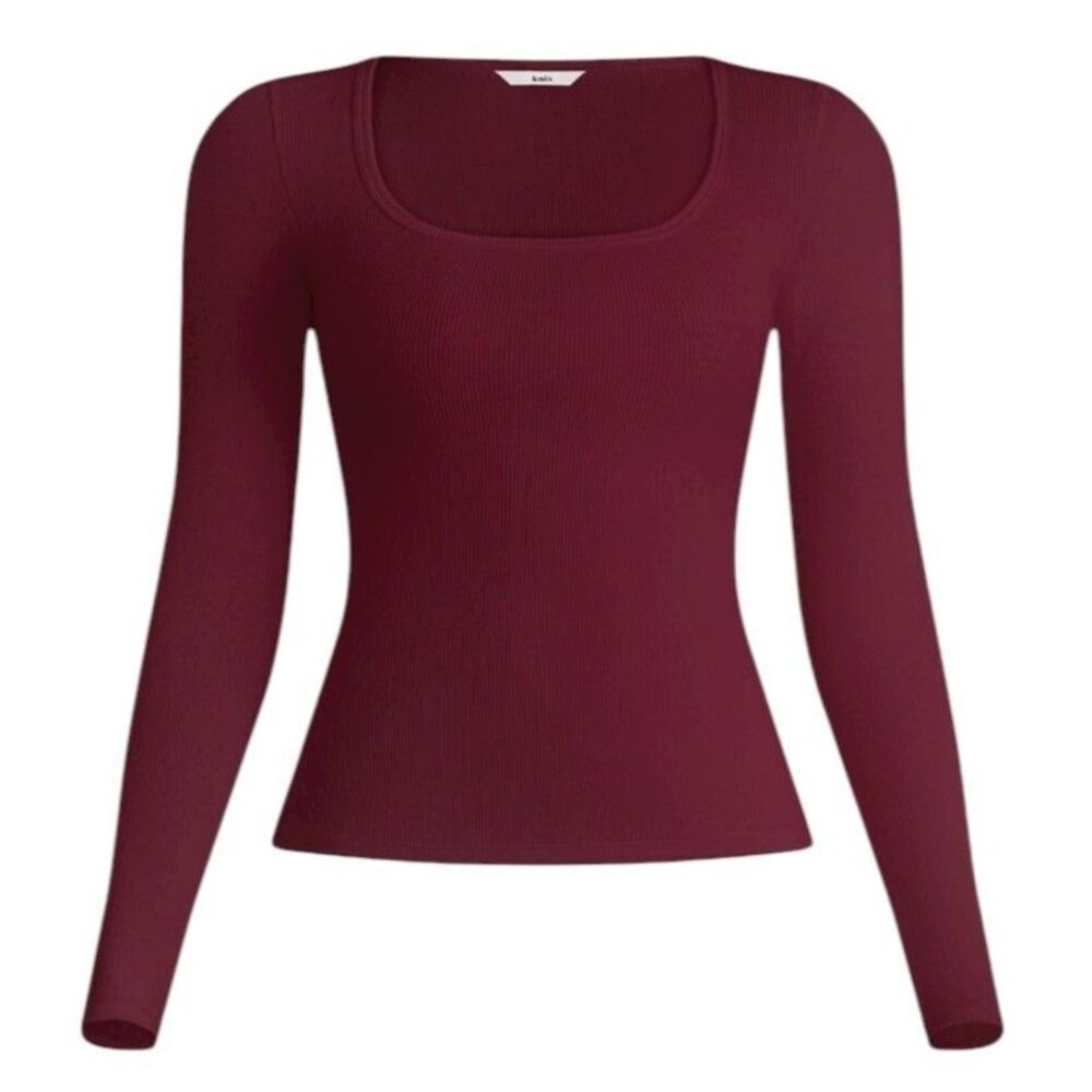 Knix ScultRib Square Neck Pima Top Blouse T Shirt Red Dark Cherry XS